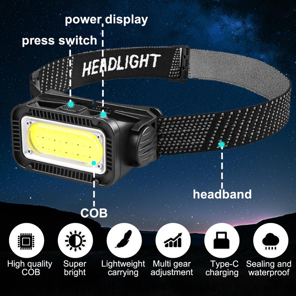 USB Rechargeable Headlamp Portable LED Headlight Built-in Battery Waterproof Head Flashlight Hiking Camping Head Front Torch