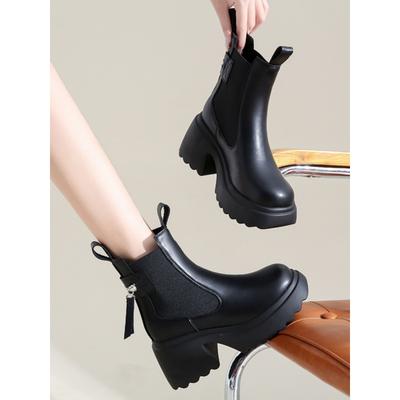 Mode Damen High Heels 8CM Dicker Absatz Stiefeletten Leder Klobige Schuhe Herbst Winter Frau Punk Stiefel Plateau Sneaker Botas Designer