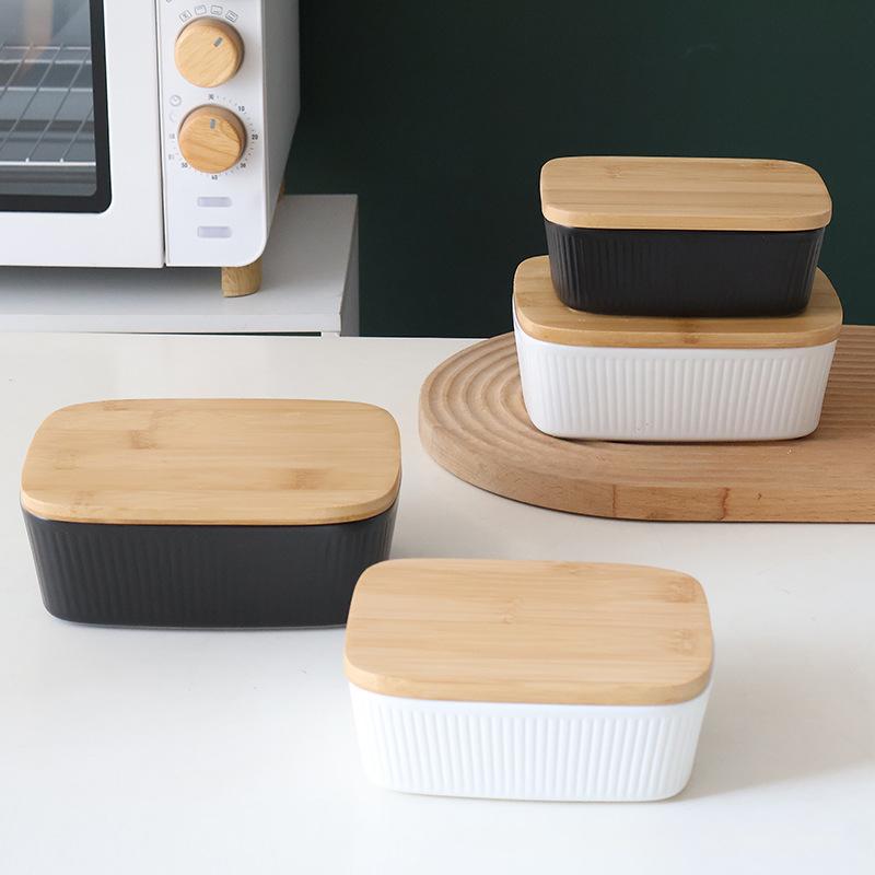 Nordic Vertical Pattern Butter Box Rectangular Sealed Butter Box Wooden Lid Fresh-keeping Cheese Box Kitchen Butter Plates