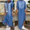 IHUASU Summer Denim Dress For Women Casual Spring Blue Maxi Dresses V Neck Half Sleeve Plus Size Long Dresses With Slit