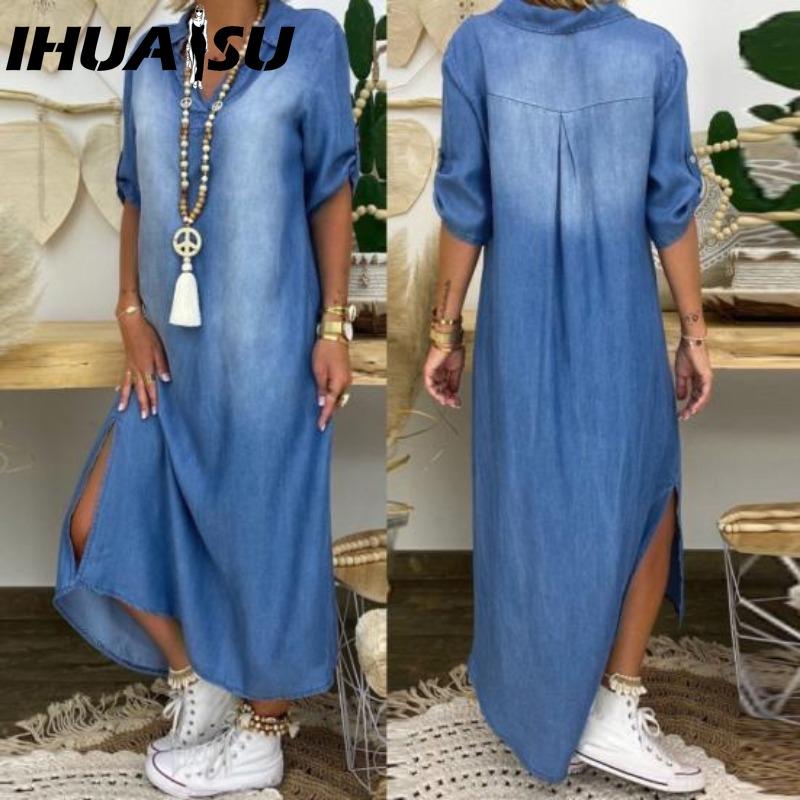 IHUASU Summer Denim Dress For Women Casual Spring Blue Maxi Dresses V Neck Half Sleeve Plus Size Long Dresses With Slit