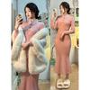 Button Improved Cheongsam Pink Knitted Dress Women's Autumn and Winter New Slim-fit Hip-wrapped Long Skirt