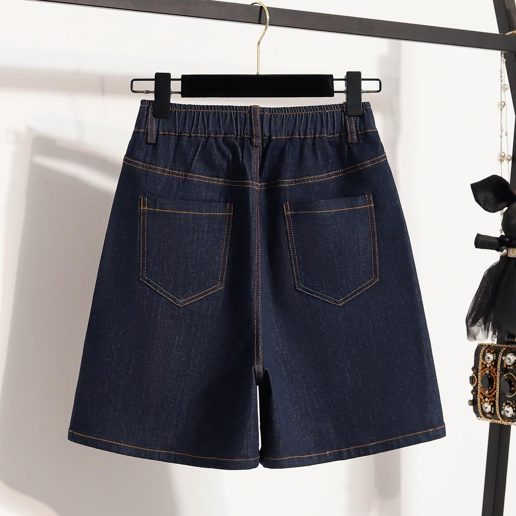 DIMANAF Plus Size 2025 Women Jeans Shorts Elastic Waist Pants Summer Loose Basic High Waist Blue Pants