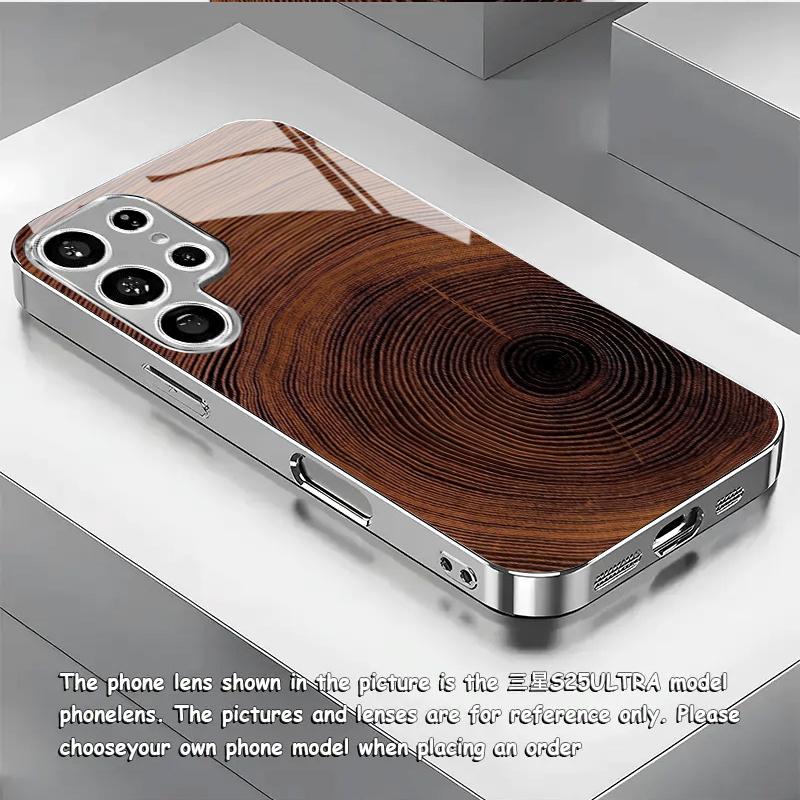 Gold-plated tempered glass phone case, compatible Galaxy S26 S25 S24 S23 S22 Ultra Plus. Features a wood grain texture design.