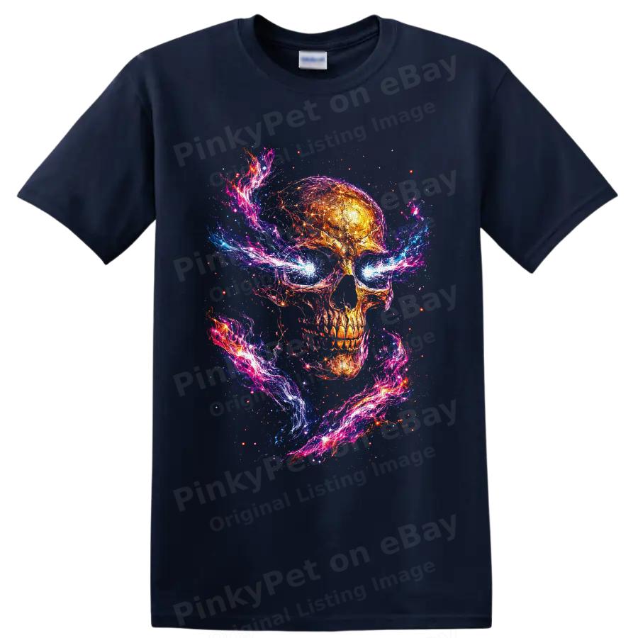 Cosmic Skull T Shirt Neon Galaxy Lightning Gothic Horror Art Graphic Tee Print