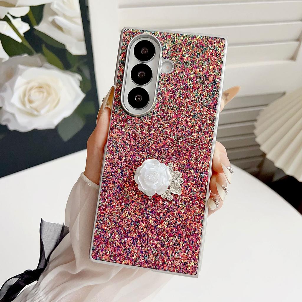 Phantom Glitter Pink White Rose Mobile Phone Case Is Suitable for Samsung Z FOLD7/6/5th Generation Folding Protective Case, Luxury and Anti-drop.