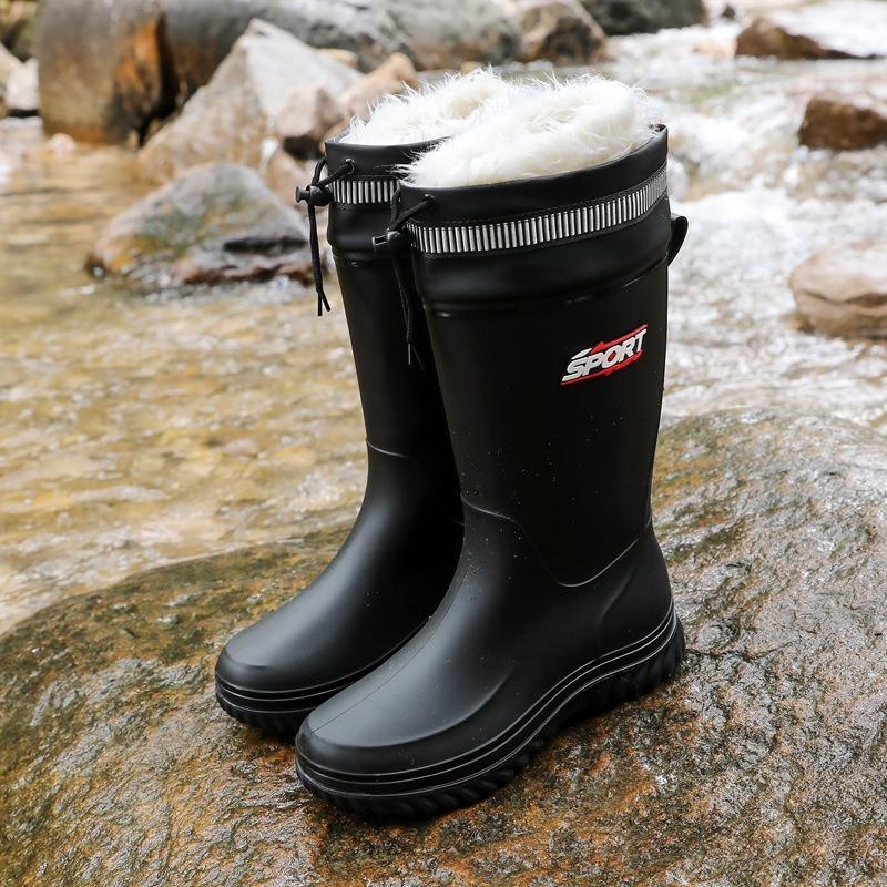 Rain Boots Men's Medium Tube Fashion Outdoor Waterproof and Non-slip Thickened Rain Shoes Fishing Water Shoes Velvet Thermal Rubber Shoes Water Boots