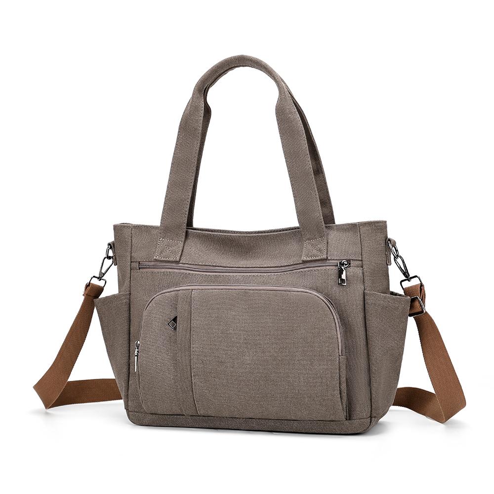 Bolsa Tote de Lona Color Sólida com Múltiplos Bolsos de Grande Capacidade Bolsa de Ombro Feminina Vintage para o Dia a Dia Bolsa Transversal