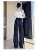 Women's High-Waisted Black Denim Wide-Leg Pants - Autumn Slim-Fit, Petite Loose, Floor-Length Casual Trousers.