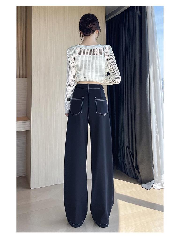 Women's High-Waisted Black Denim Wide-Leg Pants - Autumn Slim-Fit, Petite Loose, Floor-Length Casual Trousers.