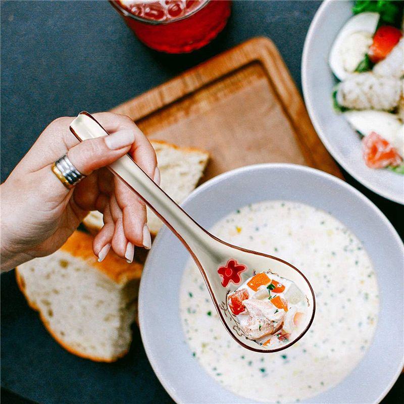 ABWR-8 Pieces Asian Retro Chinese Rice Spoons Curved Handle Ramen Soup Spoon Painted Flower Spoons With Long Handle