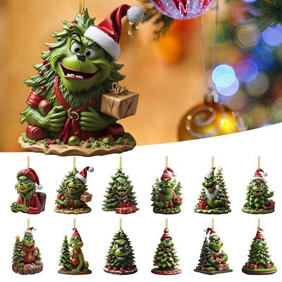 Green Elf Christmas Tree Ornament 2D Flat Acrylic Car Rear Mirror Charm Cartoon Elf Christmas Tree Hanging Pendant for Holiday Tree Window Wall Decor