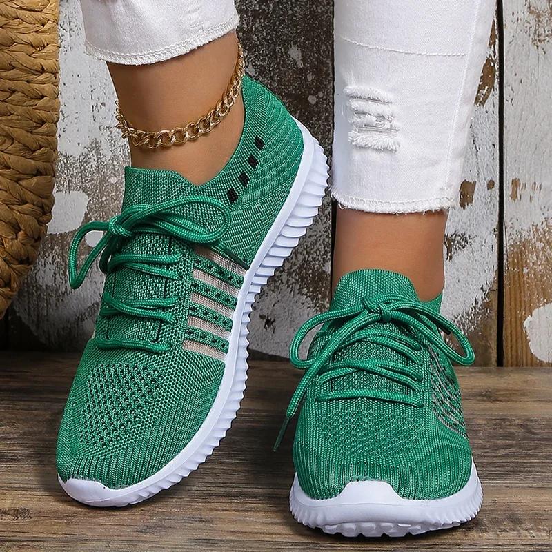 

Fashion Lightweight Breathable Running Shoes for Women Non Slip Knitted Green Sneakers Woman Soft Sole Slip On Casual Flats Plus Size 43 36 зелёный