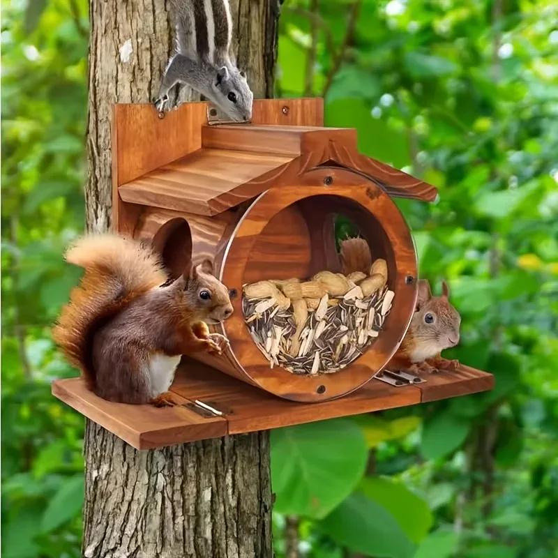 Natural Wood Squirrel Feeder, Hanging Wildlife Feeding Dish for Garden & Patio, Attracts Squirrels, Birds, and Chipmunks, Rustic