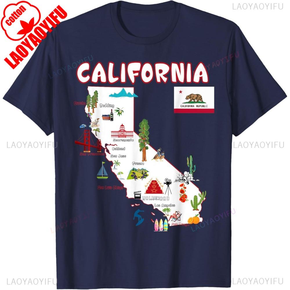 Map of California Landmarks Major Cities Flag Tshirt Funny California Souvenir Tshirt Men Women Casual Crewneck Cotton Tee