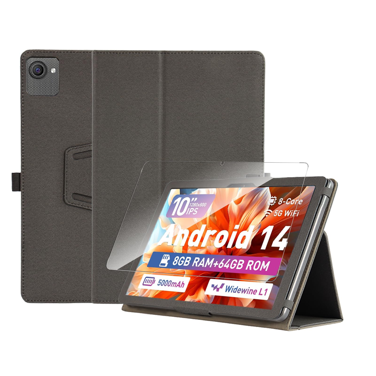 

Sediven Case and Film Set for HiGrace Full Adjustable Scratch PU Tablet Protective Case and Tempered Glass Film C10/CZZ C10/Laowei C10, Stand, чёрный