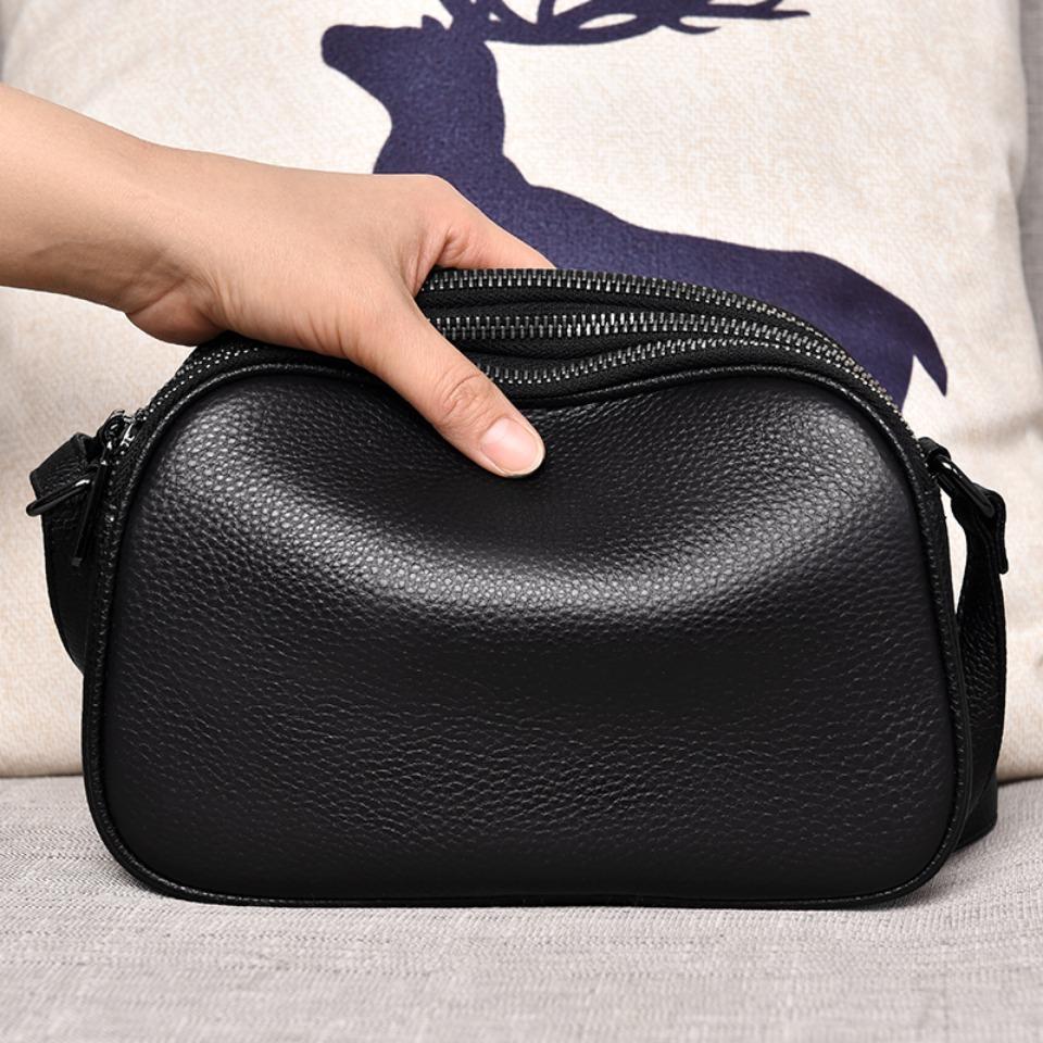 100% Genuine Cowhide Leather Female Small Messenger Bag 3 Layers Zipper Pockets Quality Women Solid Color Luxury Shoulder Bag