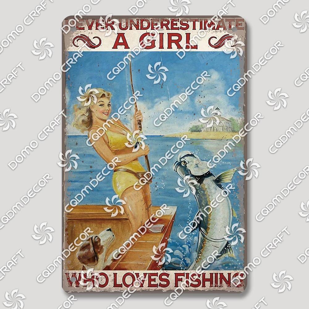 Vintage Znak Metalowy Blaszany Dziewczyny Wędkujące Retro Kobieta z Psami Dekoracja Ścienna dla Klubu Wędkarskiego Dom Wiejski