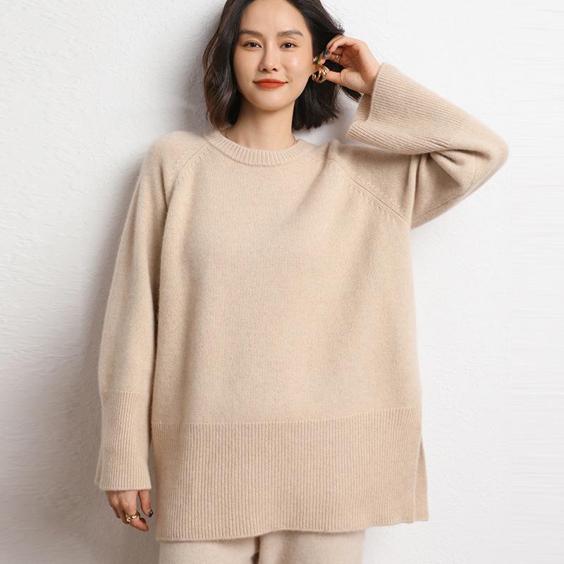 Women's Mid-Length 100% Pure Wool Sweater - Loose Fit, Slit Design, Lazy Style for Autumn and Winter.