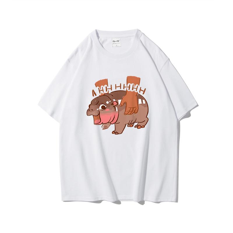 Summer Pure Cotton Short Sleeved Creative Trend Bouncing Pig Moo Deng Printed Round Neck Sports Shirt Casual Versatile T-Shirts Women’s