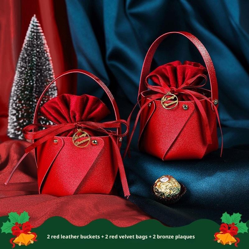 Red Leatherette Gift Bag with Gold Ornaments,Festive Gift Containers for Holiday Candies & Small Presents