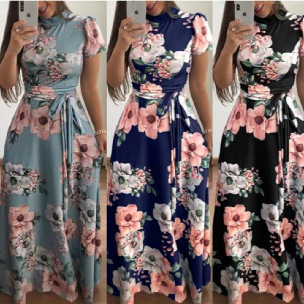 Women's Casual Printed Tie-Strap Maxi Dress Short Sleeves Dress