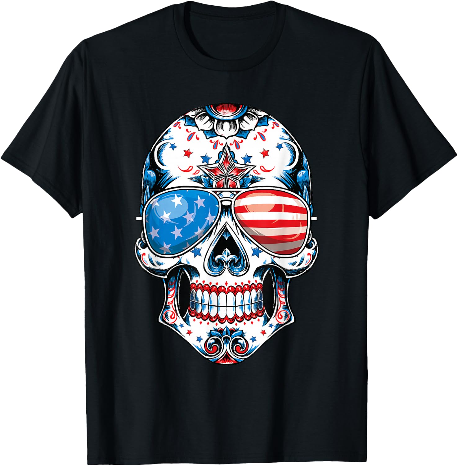 4th of July Men Women Sugar Skull Sunglasses USA Flag T-Shirt XXXXL