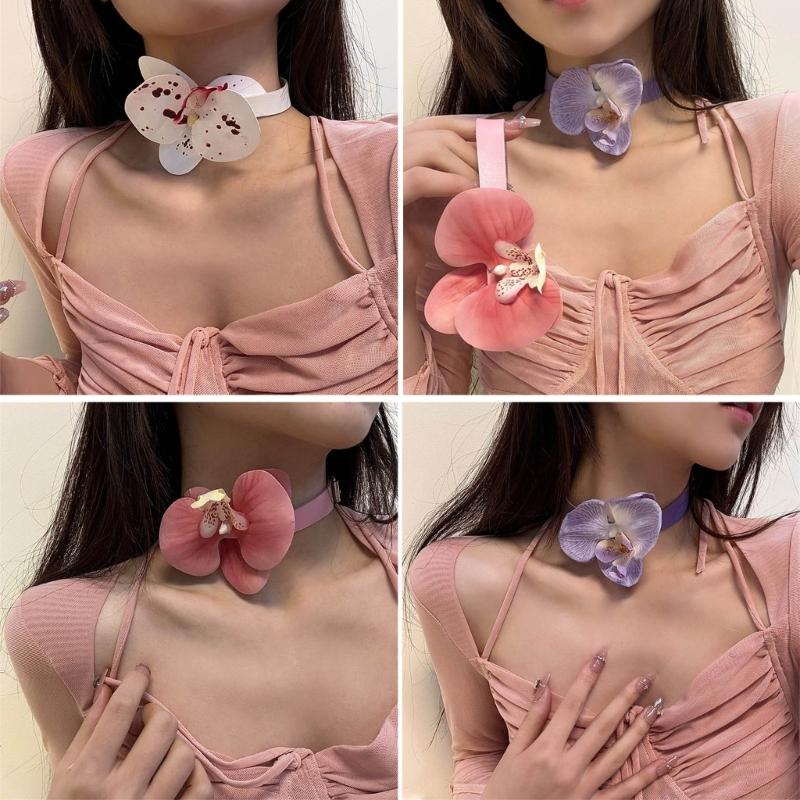Phalaenopsis Blossom Necklace Simulation Flower Neckchain Women Girls Collarbone Chain Eye Catching Choker Accessory