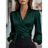 European and American temperament commuting long-sleeved bubble sleeves slim-fitting V-neck woven shirt top