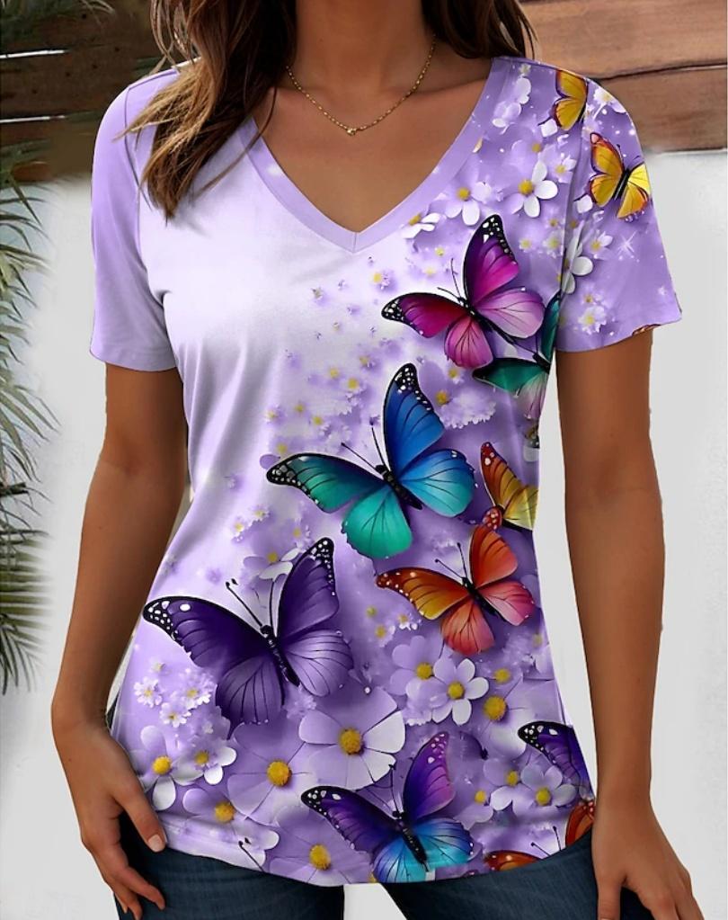 Harajuku Wind Ladies V-neck T-shirt Summer Outdoor Casual Short Sleeve Tops Retro Street Flower Print OverSize Women's Clothing