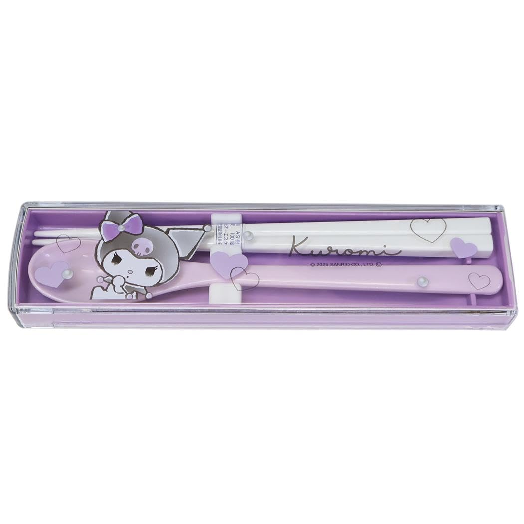 

Sanrio Kuromi Chopsticks Spoon Set Slide Case Monochrome Ribbon Bento Lunch Box Kids School Cute Tableware