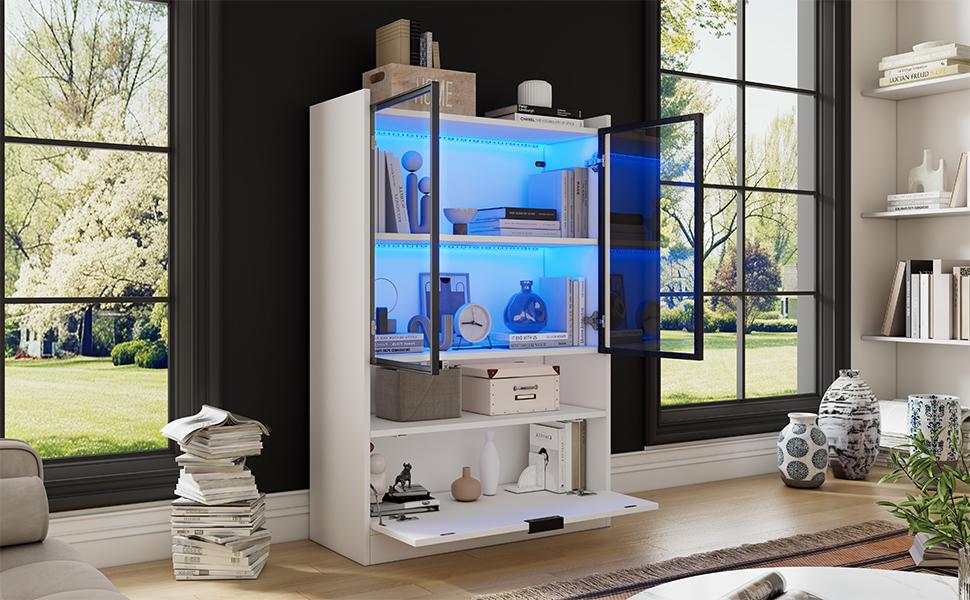 Moderner LED-Ausstellungsschrank Höhe 120cm mit LED-Beleuchtung, Wohnzimmerschrank mit Glastüren und Falttür, Spanplatten-Ausstellungsschrank, Weiß