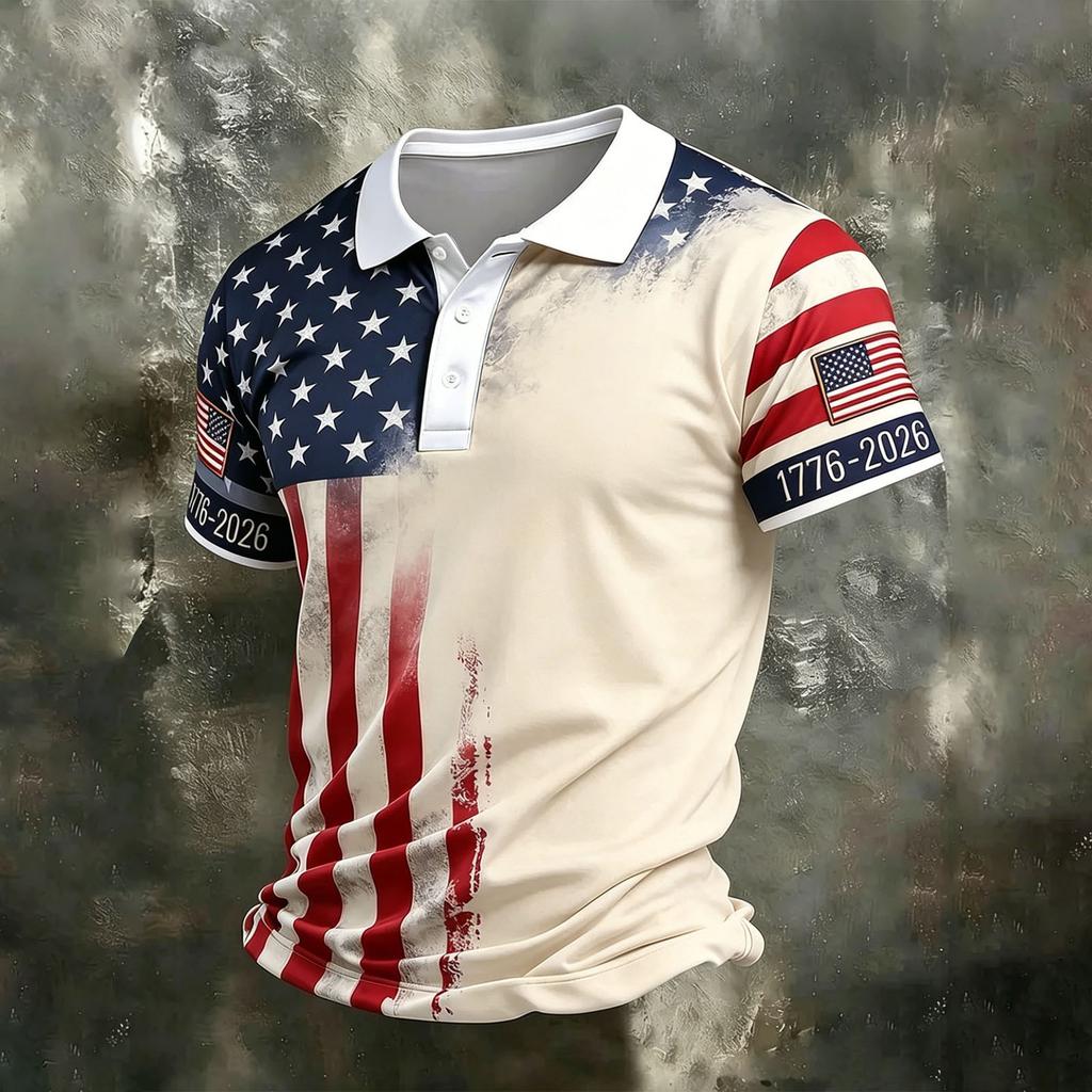 Men's Casual Quick Dry Mesh Golf Polo Shirt Short Sleeve Lightweight Breathable Button Down Top 1776-2026 Flag Print