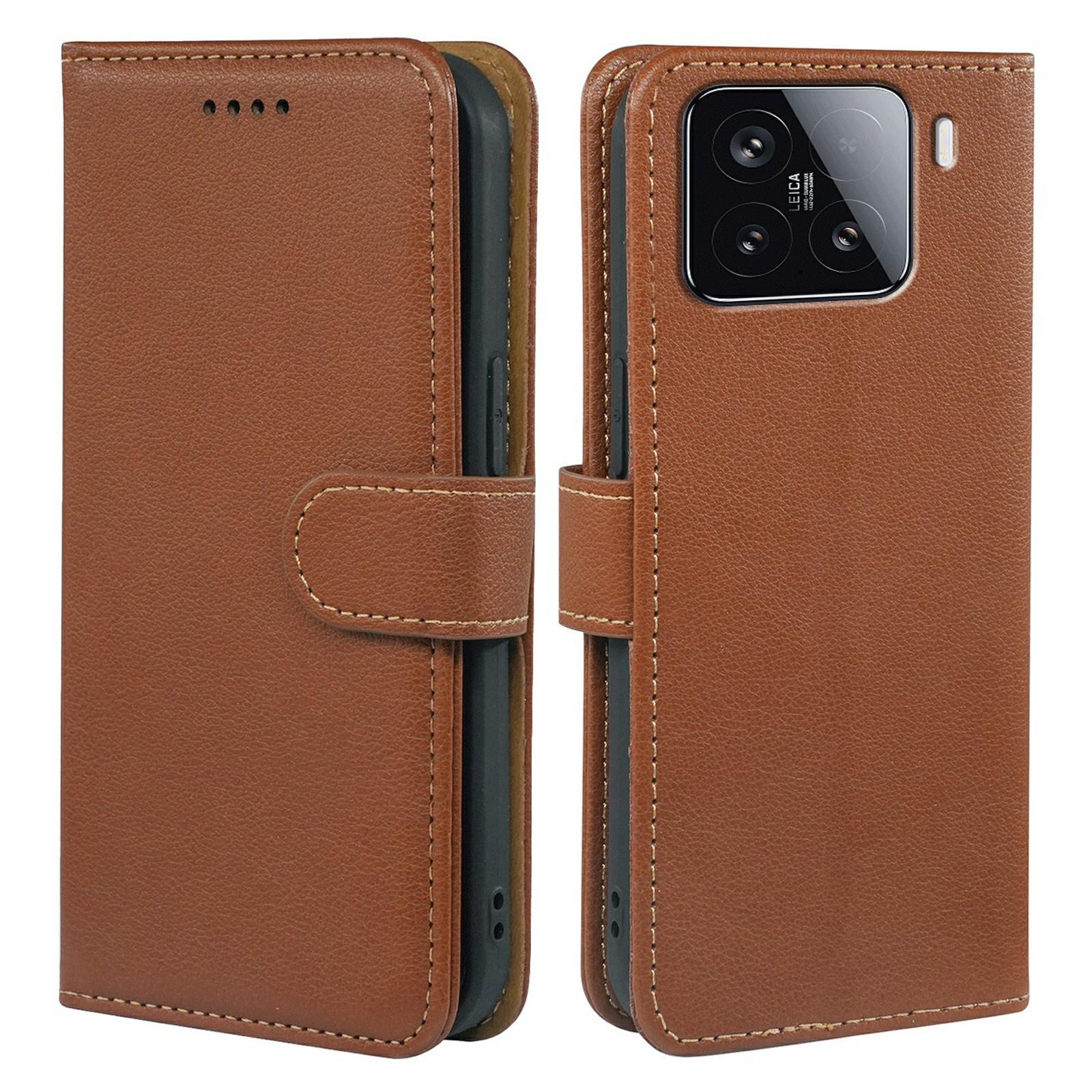 

For Xiaomi 15 Case RFID Blocking Wallet Litchi Texture Leather Phone Cover Magnetic Clasp Brown