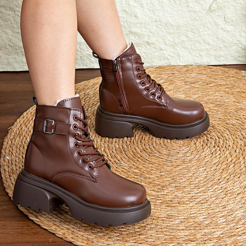Brown Retro  Boots For Women British Styleautumn And Winter New Thick-Soled Height-Increasing Short Boots With