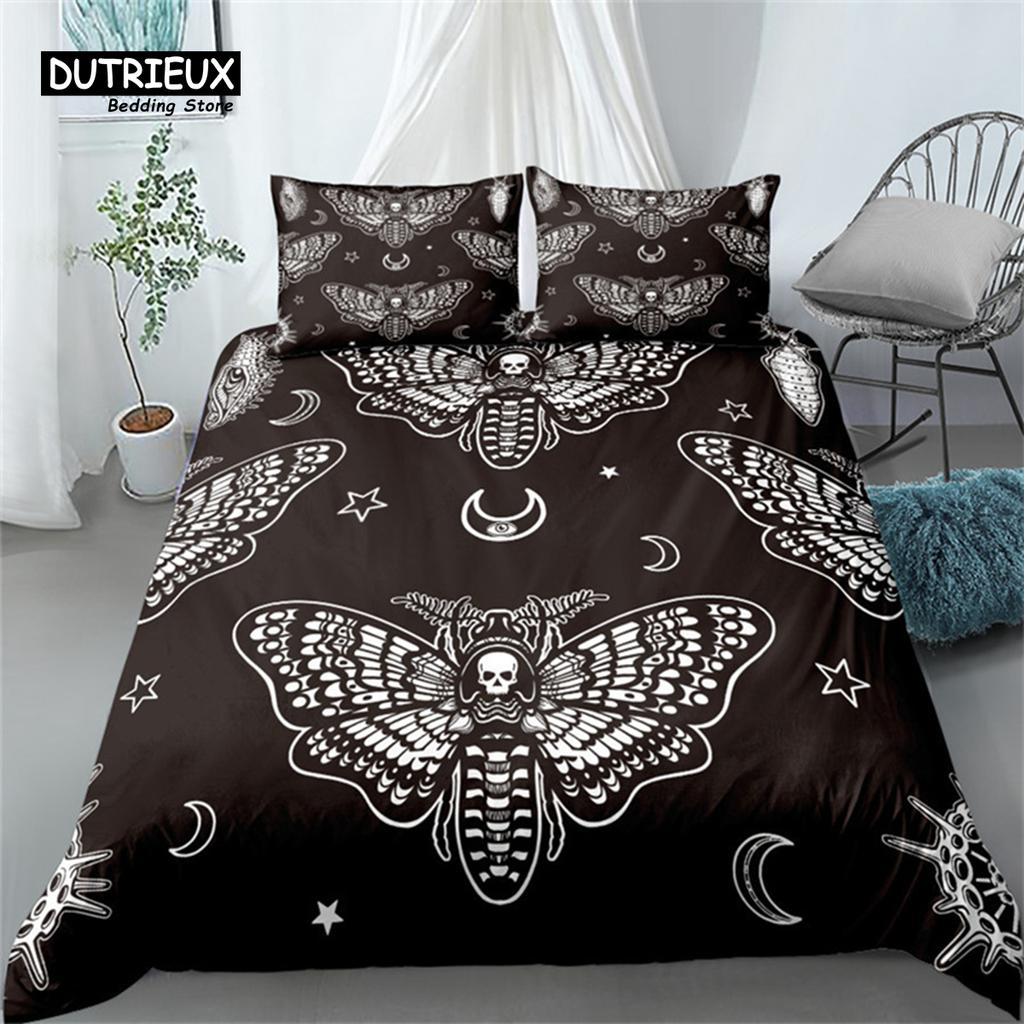 Gothic Skull Bedding Set Death Moth Flowers Print Duvet Cover Skeleton Bones Butterfly Pillowcases