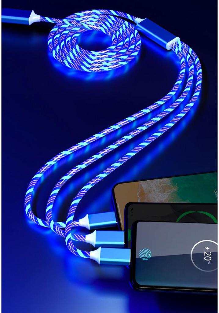 Three-in-One Fast Charging Cable with Flowing LED Lights for Android, iPhone, and Type-C - Seven-Color Night Light