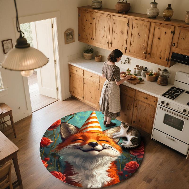 Cute Fox,Round Area Rug,Carpet Rug for Living Room Bedroom Sofa Playroom Decor,Non-slip Floor Mat
