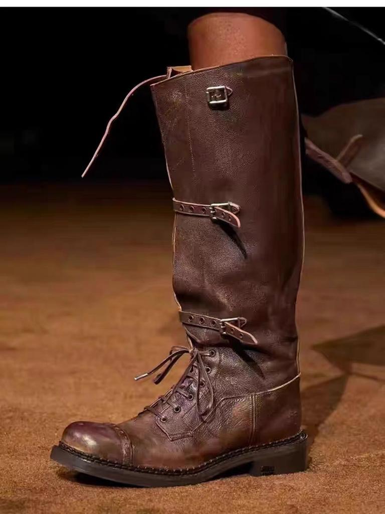 Mode Winter Damen Bikerstiefel Mode Gürtelschnalle Damen Elegant Plateau Lange Schaft Stiefeletten Lässige Damen Kniehohe Stiefeletten