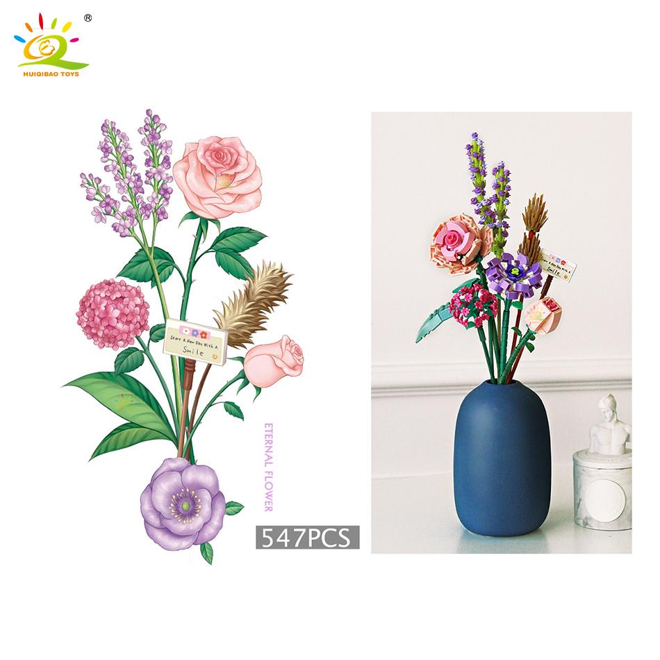 Flower Bouquet Building Block 3D Model Bricks Toys For Girl Boy Friends Kit Set Simulation Rose Plant Potted Gift