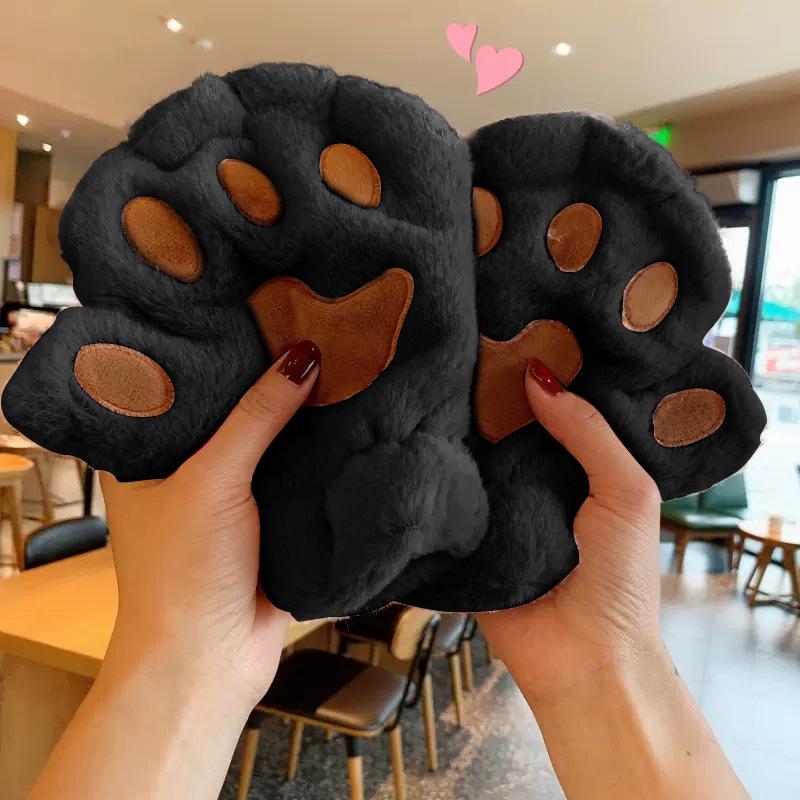

Plush Mittens Warm Soft Plush Short Fingerless Fluffy Bear Gloves Costume Half Finger Gloves Lovely Plush Cat Claw Paw Gloves One Size чёрный