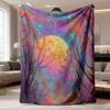 1pc Soft Flannel Blanket | Cosmic Night Sky Design With Full Moon, Stars & Tree Branches In Pink, Blue, Purple, Golden, Teal, Black, White | All-Seaso