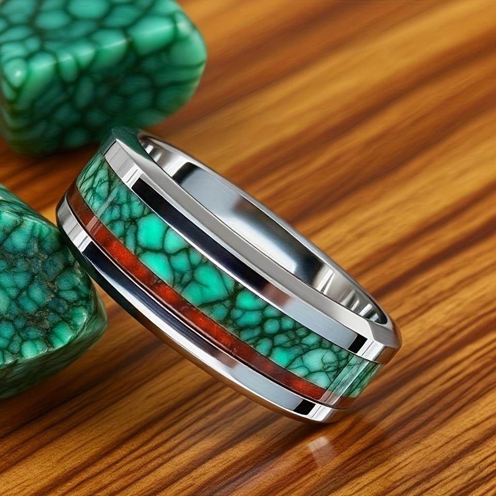 Großhandel 8MM Malachit-Einlage Herren-Edelstahlringe Rot Grün Marmor Damen Ehering Schmuck Polierter Stahl Party-Ring