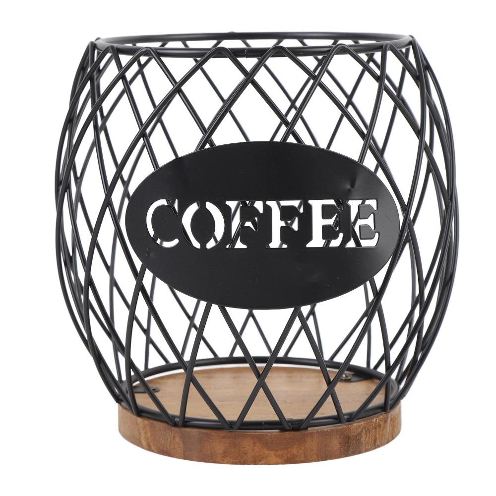 Large Capacity Coffee Pod Holder Wire Wooden Base Coffee Pod Storage Basket Easy Access Stylish Look Desktop Coffee Pod Storage