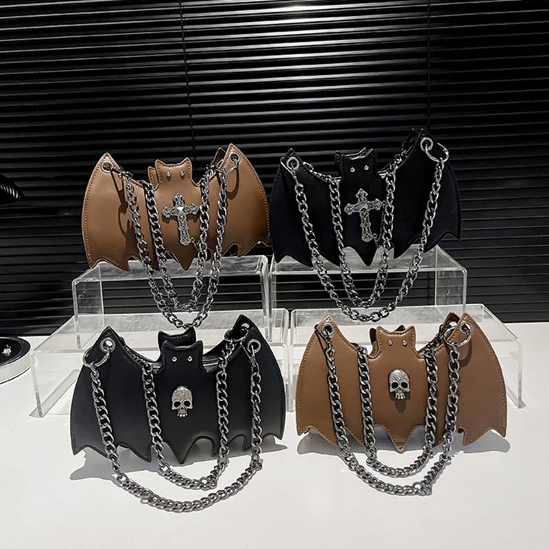 Gothic Style Bat & Skull PU Leather Shoulder Bag Vintage Solid Color Crossbody Bag with Adjustable Chain Strap for Outings, and Everyday Use