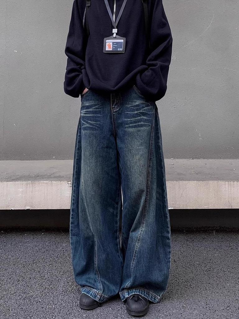 Men's Retro Wide-Leg Washed Ripped Jeans