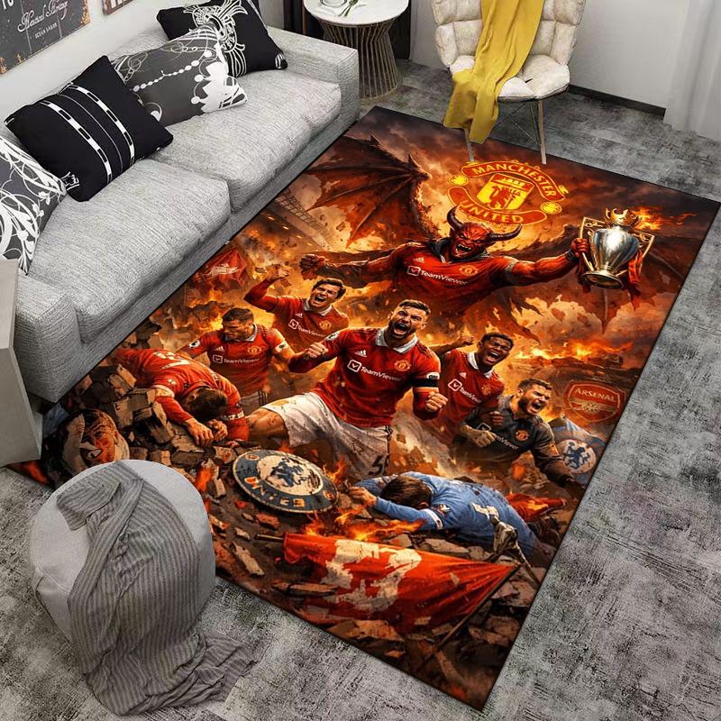 """Teppich im Manchester United Design mit feurig rotem Muster und Pokalaufdruck"" Geeignet für den Einsatz als Anti-Rutsch-Matte für Wohnzimmer, Schlafzimmer, Sofas"""