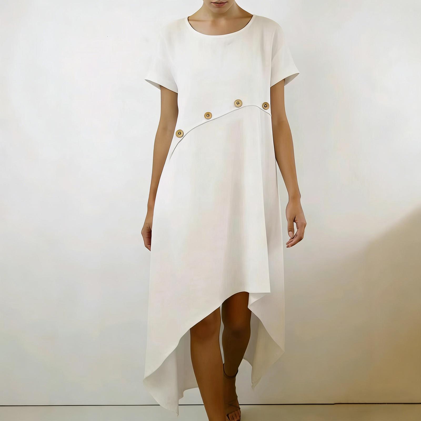 Women s Fashion Casual Comfortable Stitching Button Decoration Solid Color Dress XL белый