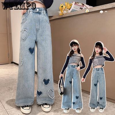 Pants Spring and Autumn Girls' Cowboy Wide Leg Pants Straight Leg Pants Loose Jean Elastic Pants Children's Jeans Children's Clothing