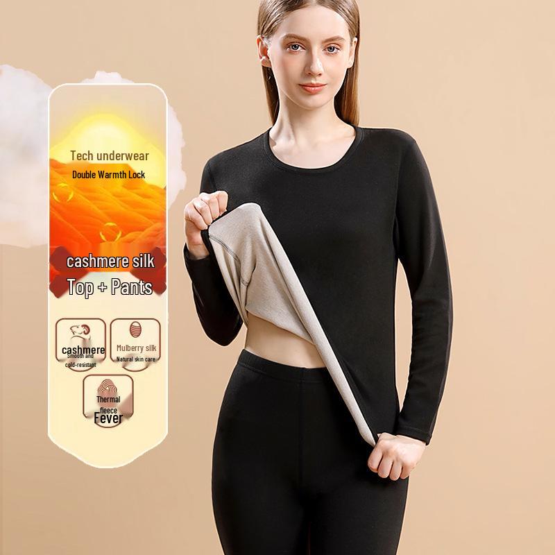 Cashmere Silk Men's and Women's Thickened Thermal Underwear Set: Velvet Autumn Suit with Bottoming Shirt and Pants for Couples.